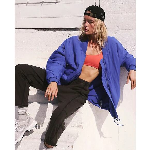 New Free People FP MOVEMENT Midnight Moon Solid Bomber Jacket $168 LARGE Colbalt - Picture 2 of 8